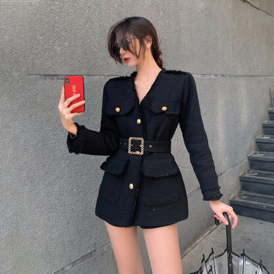 FISHBASKET编织粗花呢外套女2020新款气质宽松收腰系带夹棉加厚呢子大衣毛呢外套