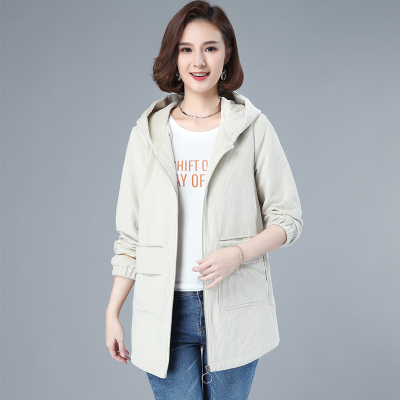 班俏BANQIAO灯芯绒风衣女中长款2021新款中年妈妈韩版宽松春秋气质连帽薄外套女装