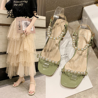 楚绮灵凉鞋仙女风夏季新款时尚简约珍珠凉鞋百搭粗跟一字扣带罗马鞋
