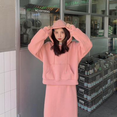广赫芝士兔韩版休闲连帽套头卫衣百搭松紧腰半身裙中长裙套装女卫衣