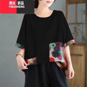 YIBUSHENG短袖T恤女士中年妈妈高端洋气亚麻装大码宽松半袖苎麻上衣