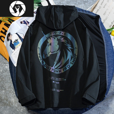 HongZun乱步潮牌独角兽炫彩反光印花连帽风衣男学生班服港风情侣夹克外套风衣