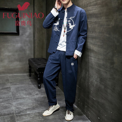 富贵鸟春季亚麻长袖套装男中国风刺绣复古唐装棉麻休闲盘扣2021中山装两件套