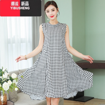 YIBUSHENG新款时尚气质棉绸连衣裙中长款女装季无袖宽松沙滩裙遮肚大摆裙