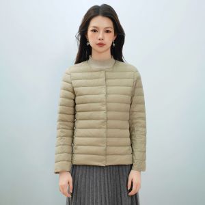 女式新国标90绒新款纯色女装圆领V领简约长袖羽绒服外套