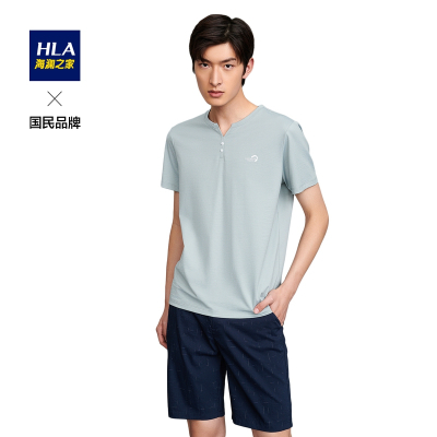 HLA海澜之家Y字领短袖T恤2021夏季左胸字母胶印上衣男HNTBJ2D182A