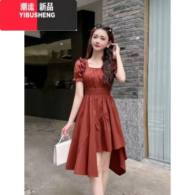 YIBUSHENG大码法式时尚公主气质不规则下摆设计收腰方口领泡泡袖连衣裙女