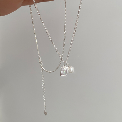 s925纯银施家珍珠方块锆石项链小众设计感高级颈链毛衣链百搭送女朋友老婆情人节七夕生日礼物