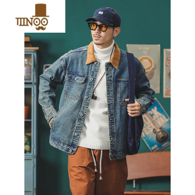 YANXU美式复古做旧水洗牛仔外套男设计感工装夹克秋季撞色翻领牛仔衣潮