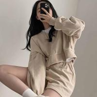 韩国chic春季慵懒风V领宽松长袖套头卫衣+高腰阔腿短裤运动套装女