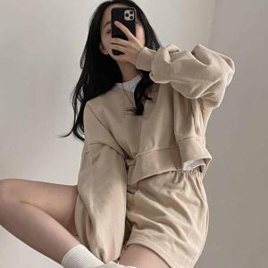 韩国chic春季慵懒风V领宽松长袖套头卫衣+高腰阔腿短裤运动套装女