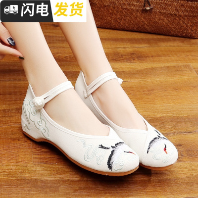 绣花鞋女汉服鞋子纯白仙鹤老北京布鞋民族风高跟内增高古风鞋单鞋启如休闲鞋