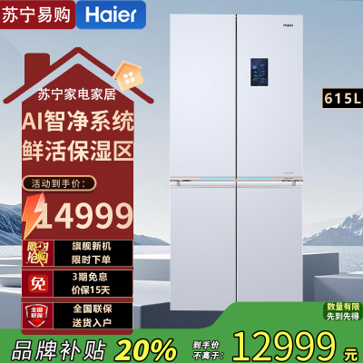 海尔十字对开门BCD-615WGHTD2IS4U1 615升双循环变频净味杀菌钢化玻璃面板节能