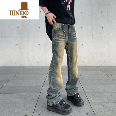 YANXU美式高街vibe做旧黄泥染水洗牛仔裤男潮ins直筒微喇cleanfit裤子
