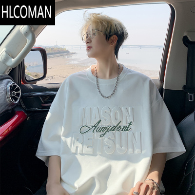 HLCOMAN短袖男款夏季潮流钢印印花半袖美式落肩袖宽松体恤白色上衣T恤男