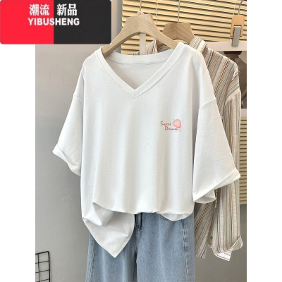YIBUSHENGV领短袖t恤女士装新款宽松显瘦设计感小众大码女装炸街上衣遮肚