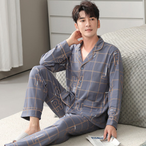 春秋季男士新款棉质睡衣休闲开衫翻领睡衣套装加大码 200斤可外穿