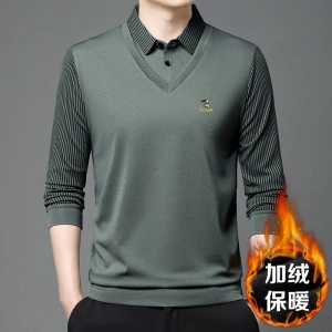 啄木鸟男士春秋假两件纯棉长袖T恤上衣翻领卫衣中老年宽松打底衫
