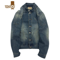 YANXU修身牛仔短夹克男水洗做旧贴布青年美式工装韩版秋季立领外套