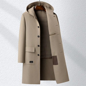 100%羊毛秋冬连帽双面呢长款大衣羽绒内胆尼大衣风衣男士妮子大衣