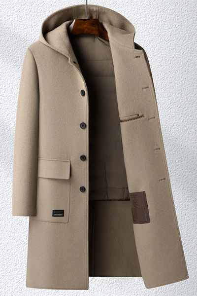 100%羊毛秋冬连帽双面呢长款大衣羽绒内胆尼大衣风衣男士妮子大衣