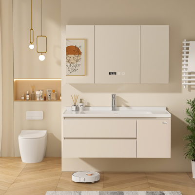 正泰CHNT浴室柜-GP80 智能陶瓷一体盆洗手台美妆卫浴柜卫生间洗脸盆镜柜组合 奶油色