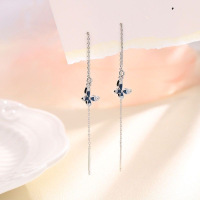 s925纯银幽蓝蝴蝶耳线女森系长款流苏耳链甜美小清新百搭显瘦耳饰送女朋友老婆情人节七夕生日礼物