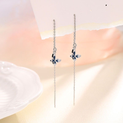 s925纯银幽蓝蝴蝶耳线女森系长款流苏耳链甜美小清新百搭显瘦耳饰送女朋友老婆情人节七夕生日礼物
