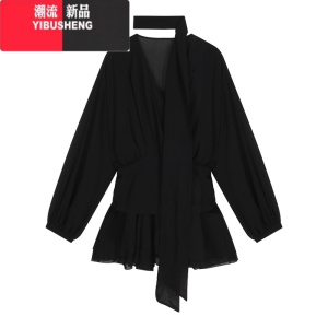 YIBUSHENG黑色透视长袖雪纺连衣裙女季设计感网纱短裙v领气质收腰a字裙子