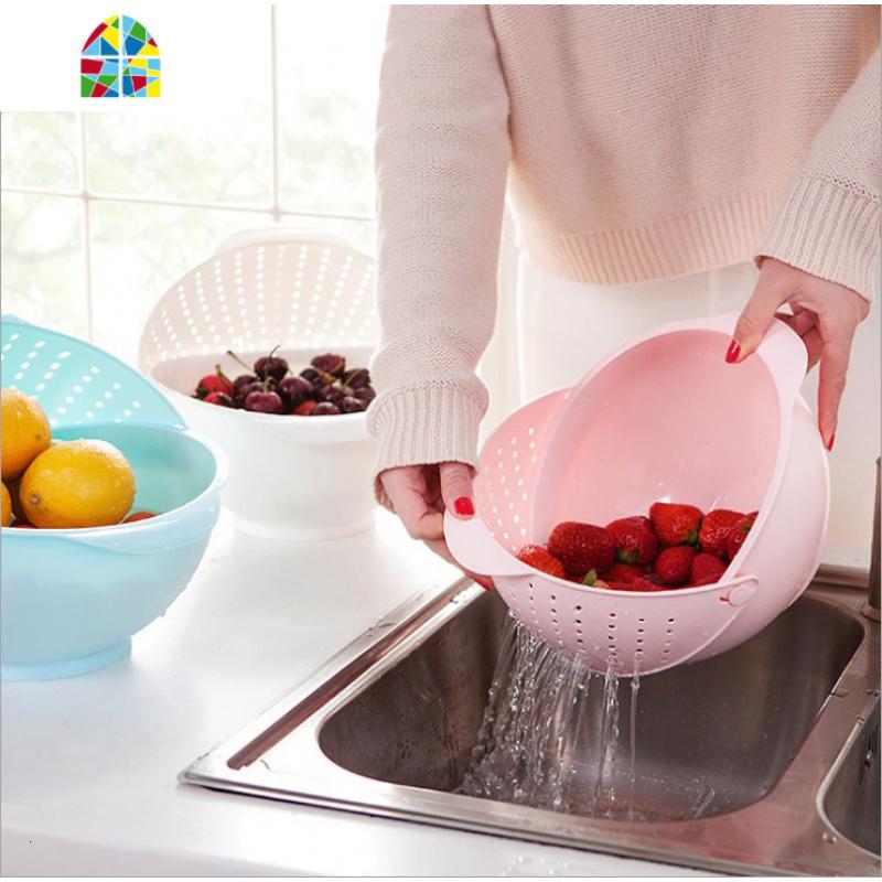 翻盖滤水篮可旋转沥水篮三合一厨房洗水果塑料盆 FENGHOU 蓝色翻盖洗菜篮洗菜篮