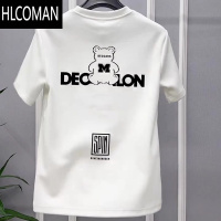 HLCOMAN美式高街时尚洋气小熊印花短袖t恤男士白色青年圆领半袖打底衫潮