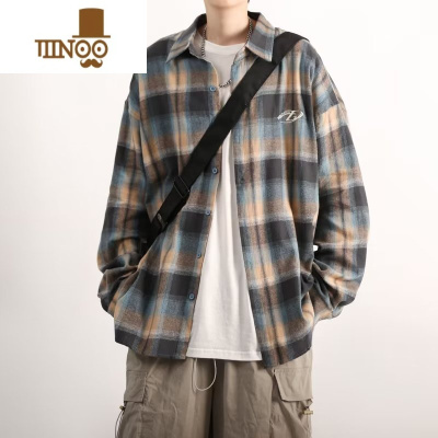 YANXU撞色日系格子衬衫男长袖秋款港风复古高街潮牌痞帅宽松bf休闲外套