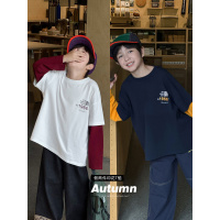 童酷男童秋款韩版字母印花宝宝上衣时尚拼色假两件儿童T恤潮