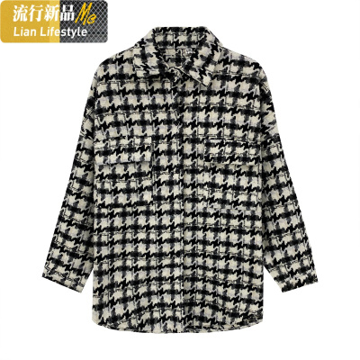 暖青汇千鸟格衬衫女复古港风毛呢外套长袖衬衣春秋季加厚宽松中长款上衣图片色均码