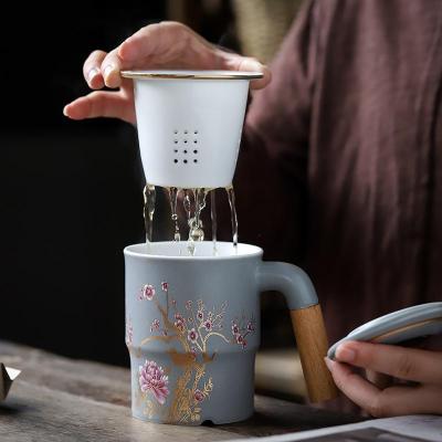 家柏饰(CORATED)陶瓷茶杯家用简约个人杯浮梅花喝茶杯木把过滤三件套办公杯