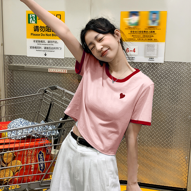 [1.5折价33元]唐狮夏季新款短袖女T恤女百搭小个子短款上衣甜美撞色体恤sz