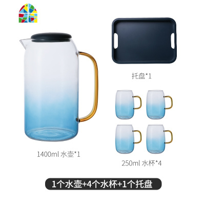 北欧凉水壶可高温家用玻璃冷水壶大容量开水杯高颜值杯子水壶套装 FENGHOU 1水壶+6水杯+蓝托盘送6支金色樱花勺