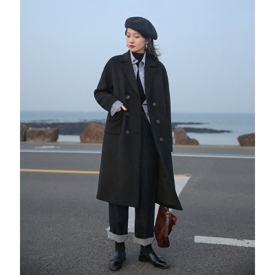 FISHBASKET觅定黑色40毛大衣女2020新款中长款毛呢外套厚赫本风小个子毛呢外套