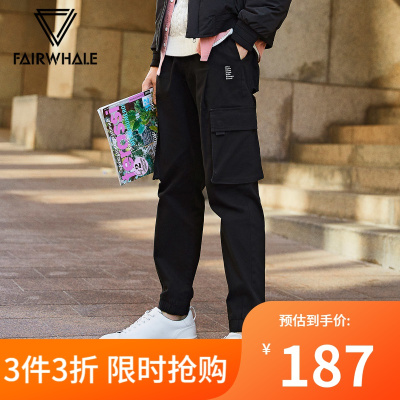 明星同款马克华菲休闲裤男2019冬季新款印花工装风黑色直筒长裤潮