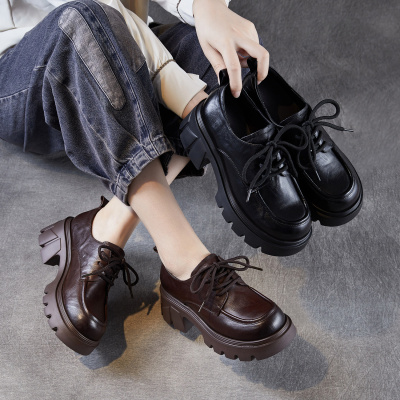 真皮复古小皮鞋女秋季新款粗跟厚底增高英伦风系带轻奢单鞋女