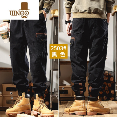 YANXU美式复古黑色工装裤男款秋季潮牌束脚大口袋撞色耐磨休闲长裤