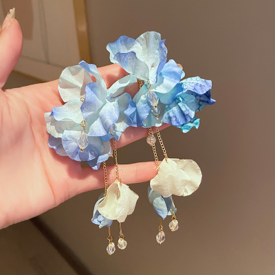 超仙夏日蓝色流苏花朵耳钉女高级感度假风小众耳环绝美气质耳饰送女朋友老婆情人节七夕生日礼物