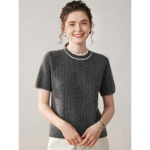 秋冬新款圆领拼色厚款麻花圆领纯色山羊绒衫女士针织衫五分袖毛衣