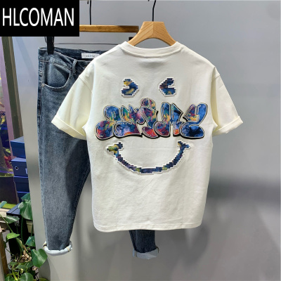 HLCOMAN2025创意字母笑脸印花百搭短袖t恤男ins潮流休闲圆领打底半袖体恤