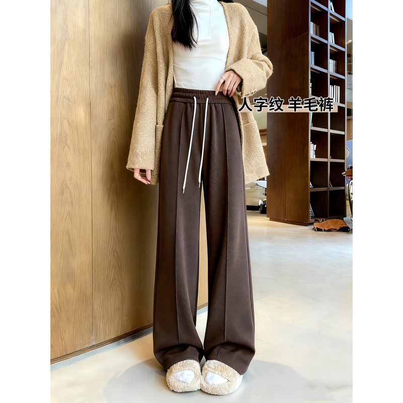 毛呢人字纹加绒裤子女秋冬新款高腰显瘦小个子直筒羊毛阔腿裤
