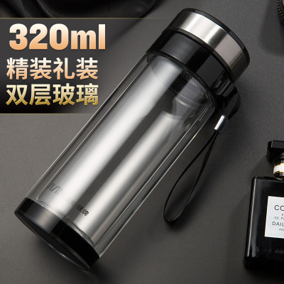 富光（FGA）双层玻璃杯茶水分离大容量水杯茶杯透明男女单层便携泡茶杯子双层黑色-320ML