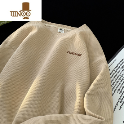 YANXU华夫格卫衣男秋季新款美式复古刺绣长袖t恤潮牌百搭宽松外套