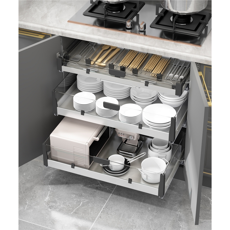 厨房304不锈钢拉篮抽屉式藤印象锅具碗碟橱柜多储物拉篮柜内隔层