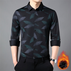 冬季新款加绒衬衣男士长袖无痕弹力印花加厚保暖休闲爸爸衬衫男