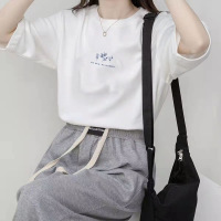 短袖韩版圆领T恤女夏季宽松植物印花休闲纯色打底衫上衣韩国女装_1
